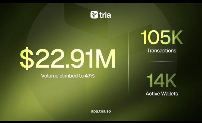 The image shows a presentation slide with a green background featuring white text. The title "Good Afternoon @useTria" is displayed at the top, followed by a list of numbers representing the volume of transactions for a particular app or service. The numbers are $22.91M and $105K, indicating that the app has climbed to 47% of its target volume and has processed $94K in transactions. Additionally, there's information about active wallets, suggesting that users have started using this app.