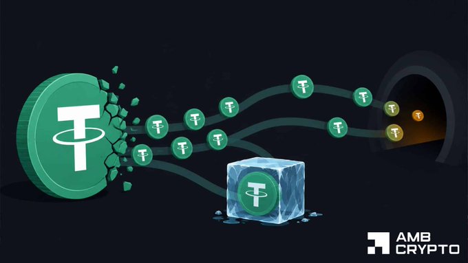 The image shows a green coin with white text that says "Tron" on one side, and a blue cube with white text that says "Monero" on the other side. The coins are connected by a series of lines, suggesting they were once part of a larger structure or network. The post explains how these coins were moved from Tron to Monero before Tether could freeze it, indicating a potential privacy breach in the cryptocurrency world.