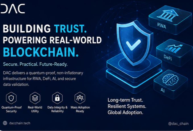 The image features a blue banner with white text that reads "Building Trust, Powering Real-World Blockchain." The banner also includes several icons related to blockchain technology such as a shield, a lock, and a key. These icons are used to represent different aspects of the blockchain system, including security, privacy, and data protection. The image is accompanied by a caption that explains how these elements work together in the context of blockchain adoption.