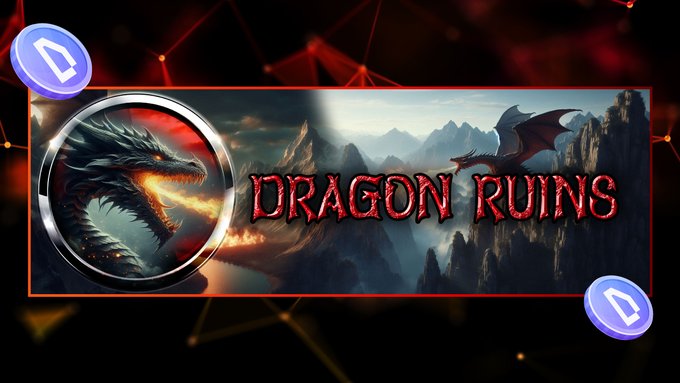 A promotional banner for 'DRAGON RUINS' featuring artwork of two dragons (one green breathing fire, one red flying), flanked by purple crypto-style coin icons on a dark background.