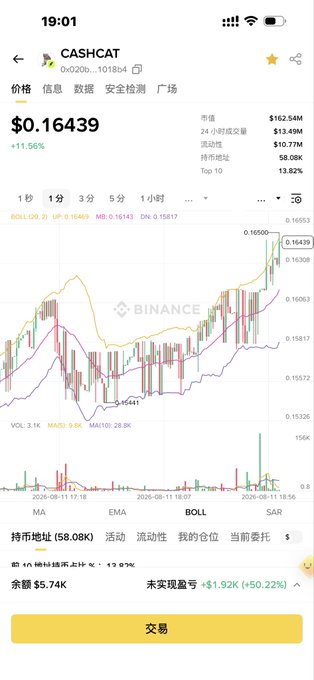 A mobile screenshot of the Binance app showing the CASHCAT (0xCashCat) trading chart at $0.16439 with a +11.56% gain, displaying candlestick patterns, MA indicators, and portfolio metrics like 58.08% holdings. The image illustrates a polished centralized exchange trading interface, supporting the post's point that BSC-based DEX apps could benefit from adopting Robinhood-style UI improvements for a better user experience.