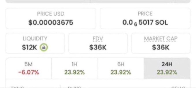 A cryptocurrency price dashboard shows a token priced at $0.00003675 USD (0.0₆5017 SOL) with $12K liquidity, $36K FDV and market cap, and 23.92% gains over 1H, 6H, and 24H.
