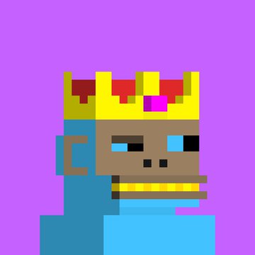 A pixel art portrait of a figure with brown skin wearing a yellow crown with red and pink jewels and a blue shirt against a purple background.