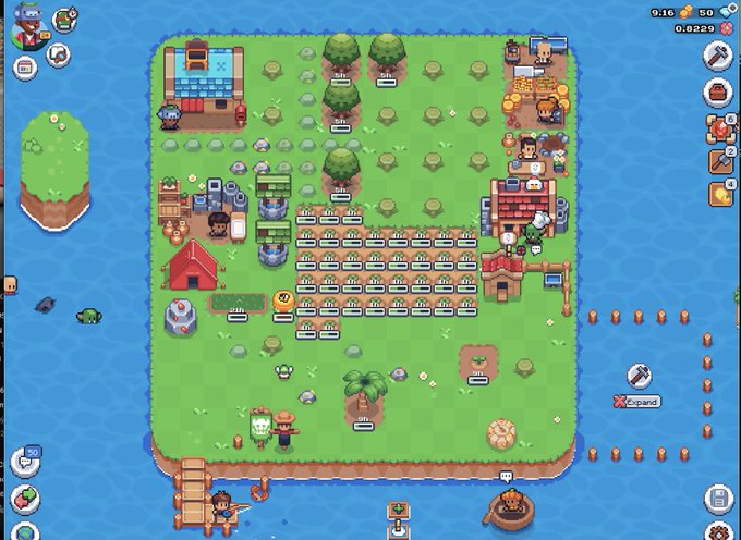 A pixel art farming/crafting game screen showing a green island with crops, trees, buildings, a character with a pitchfork, and UI elements with numbers '9 16', '50', and '0.6220'.