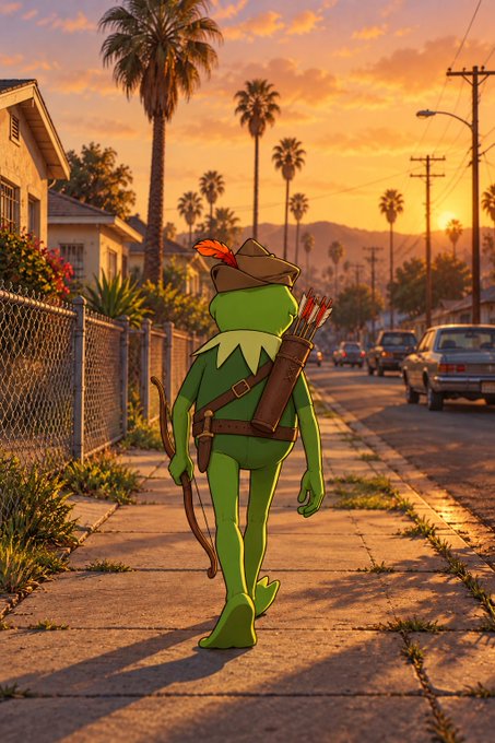 Illustrated artwork of Kermit the Frog dressed as Robin Hood, wearing a feathered hat and carrying a bow with a quiver of arrows, walking down a sunset-lit suburban street lined with palm trees.