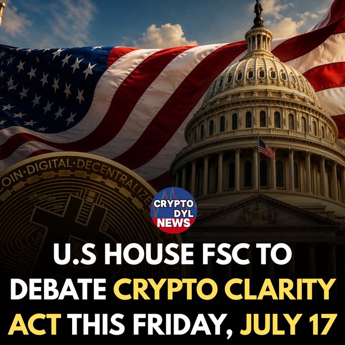 The image shows the U.S. Capitol building alongside a large American flag and a golden Bitcoin, with the "CRYPTO DAILY NEWS" logo and headline text reading "U.S HOUSE FSC TO DEBATE CRYPTO CLARITY ACT THIS FRIDAY, JULY 17." The visual directly illustrates the news by pairing symbols of American government with cryptocurrency, emphasizing the upcoming legislative debate on crypto regulation.
