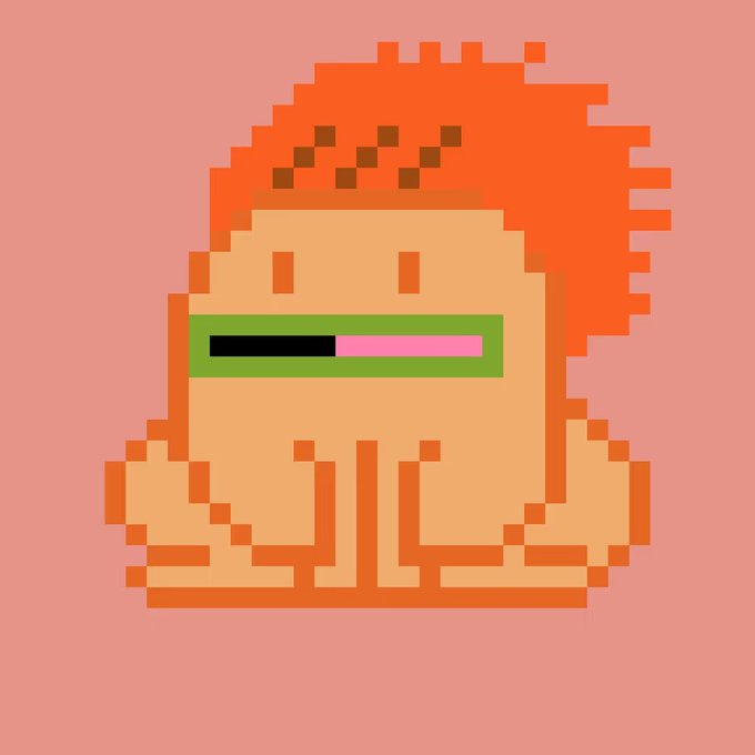 Pixel art illustration of a stylized orange-haired figure with a green mouth bar and hands clasped together, resembling a praying or submissive emoji-style character on a pink background.