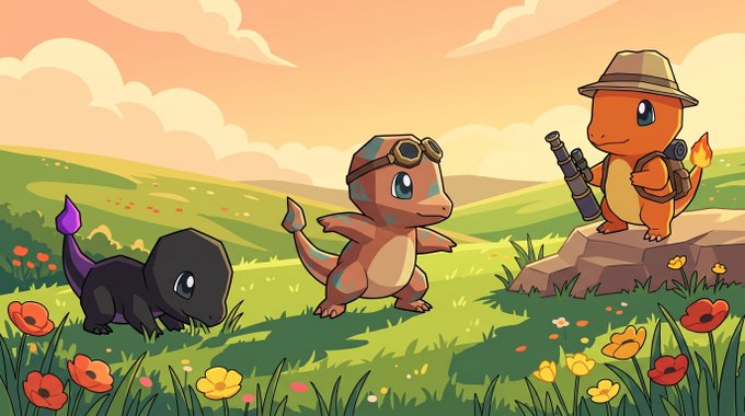 Three Pokémon-inspired creatures explore a grassy meadow at golden hour: a dark quadruped with a purple flame-tipped tail, a brown dinosaur-like creature wearing aviator goggles, and an orange Charmander wearing a safari hat and holding a scope.