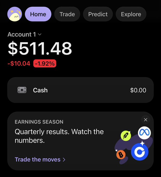 A mobile trading app screen displays "Account 1" with a portfolio value of "$511.48" showing a loss of "-$10.04 (-1.92%)", a $0.00 cash balance, and a promotional banner for "Earnings Season" with a "Trade the moves" call-to-action. While the post offers to send 2 SOL to 5 people, the image shows an account that has no cash available to buy or send any crypto, making it unlikely the user could participate in the giveaway.