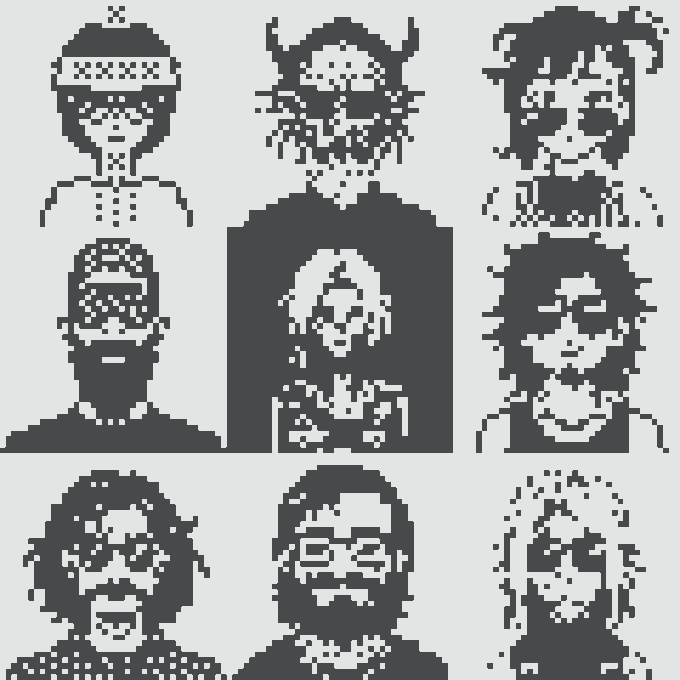 A 3x3 grid of pixelated, dark blue and white NFT-style avatar portraits, each featuring distinct headwear or facial features. The image complements the post by visually representing the Normies NFT collection's iconic character designs, with "Serc" likely depicted as one of these unique 1/1 pixel art avatars being celebrated as a pioneer in the NFT space.