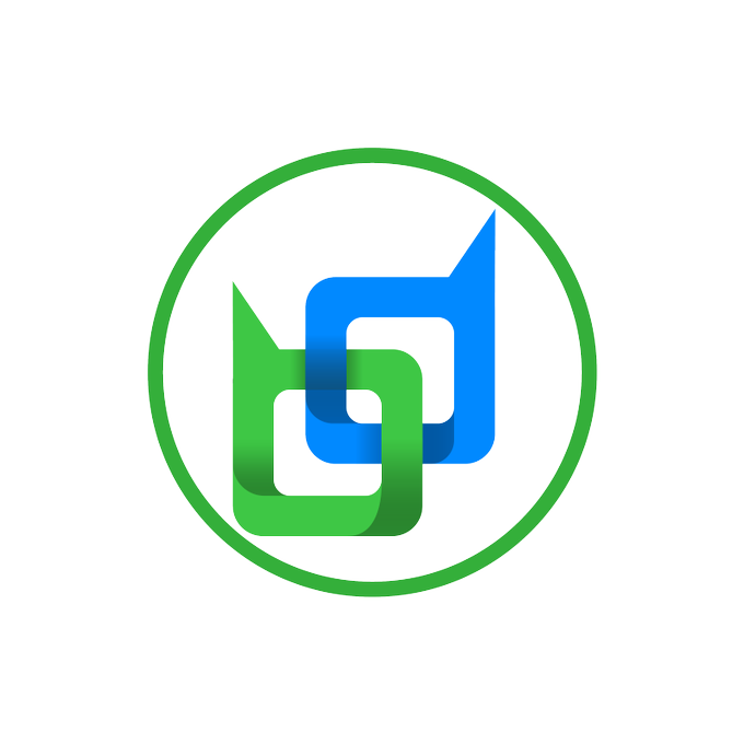 A logo featuring intertwined green and blue shapes enclosed within a green circle on a white background.