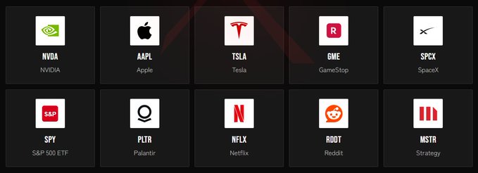 A grid of stock ticker app icons including NVDA, AAPL, TSLA, GME, SPCX, SPY, PLTR, NFLX, RDDT, and MSTR, each labeled with their company names.