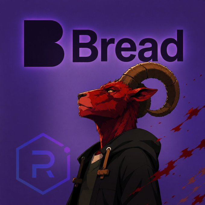 A stylized illustration of a red anthropomorphic ram character wearing a black hoodie, with the 'Bread' logo and 'Ri' emblem displayed on a purple background.