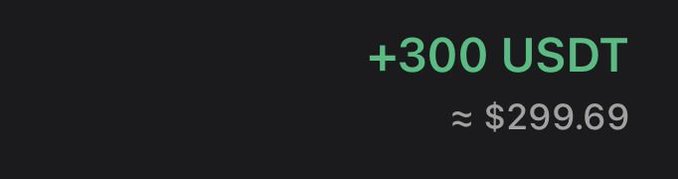 The image displays a profit summary showing "+300 USDT" in green text with the approximate USD equivalent of "≈ $299.69" below it on a dark background. This visually represents the crypto earnings alluded to in the post about staying consistent with a trading play.