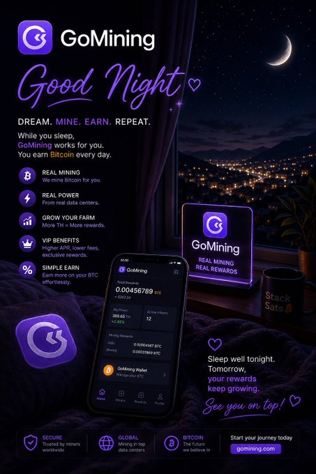An advertisement for GoMining featuring 'Good Night' text, showing a smartphone with the app open alongside a list of benefits like Real Mining, Real Power, and Simple Earn.