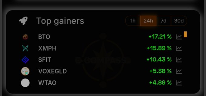 A 'Top gainers' list showing cryptocurrency tickers including BTO (+17.21%), XMPH (+15.89%), SFIT (+10.43%), VOXEGLD (+5.38%), and WTAO (+4.89%) over 24 hours.
