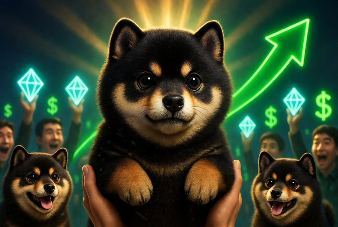 AI-generated meme image featuring a black Shiba Inu puppy being held up, surrounded by cheering people holding Ethereum diamond logos and dollar signs, with a large green upward arrow indicating rising value.
