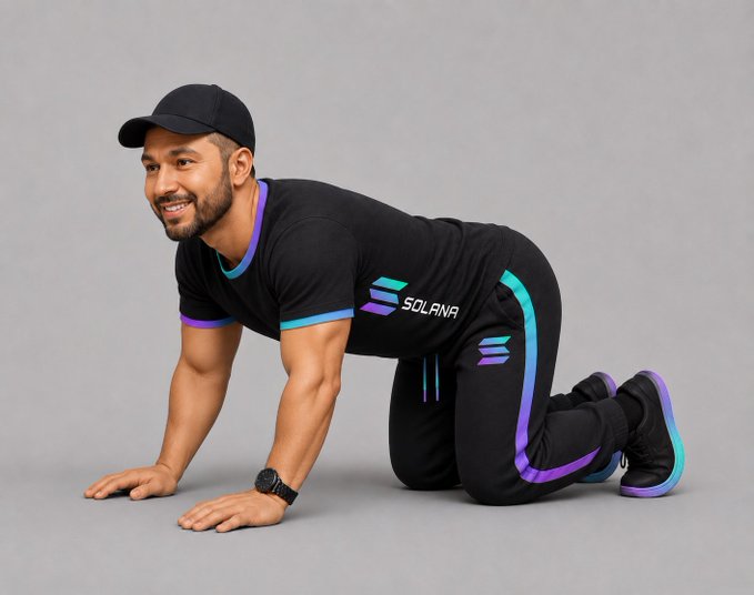 Man wearing a black cap and black athletic wear with 'SOLANA' logo and colorful gradient accents, posing on his hands and knees against a gray background.