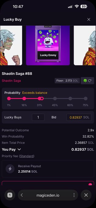 In this image, a cellphone screen displays an explanation of how to use a cryptocurrency called "Magiceden." The text indicates that you have tried two lucky purchases but have hit 0 for both, indicating that you still need more transactions to reach your target goal of one purchase each. The user might be back at the beginning of their attempts or is awaiting further instructions on how to proceed with their purchases.