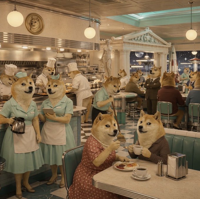 A retro-style diner scene populated entirely by Shiba Inu anthropomorphic characters, including waitresses in teal uniforms, chefs in the kitchen, and a couple enjoying coffee and a meal at a booth.