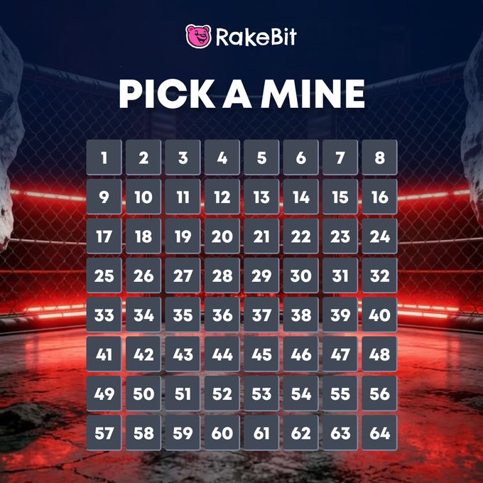 A 'PICK A MINE' grid game interface from RakeBit, displaying numbers 1 through 64 against a red-lit, industrial cage background.