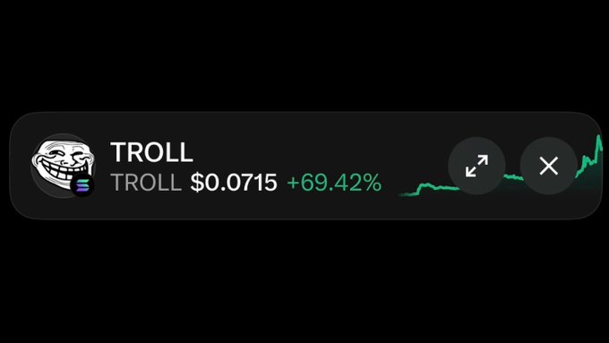 A cryptocurrency ticker widget displays "TROLL" priced at $0.0715 with a +69.42% gain, featuring a troll face avatar and a green price chart.