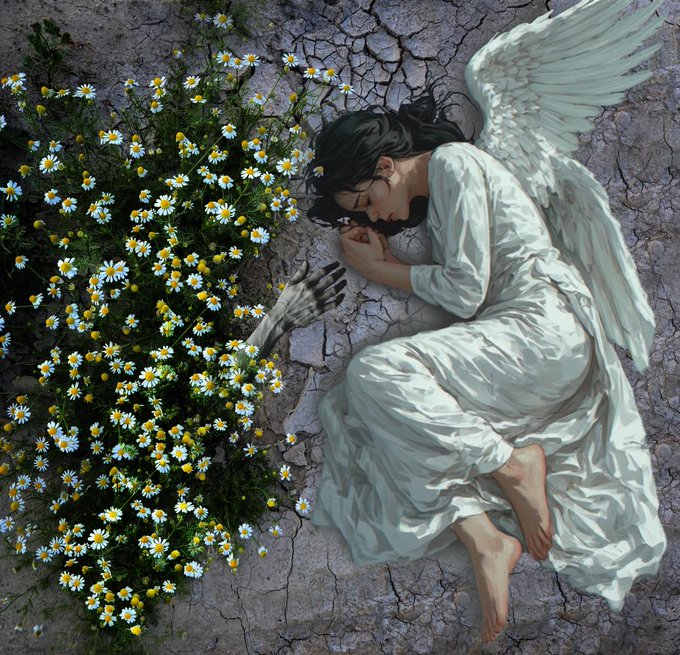 The image features a woman lying down with her arms and legs spread out, wearing an angelic dress. The background includes flowers and a rock wall. There are two posts in the image that say "I wish I had" and "#AEW Good morning One day you'll either say: I did it." Only 3 pieces of artwork remain available for viewers to interact with or comment on.