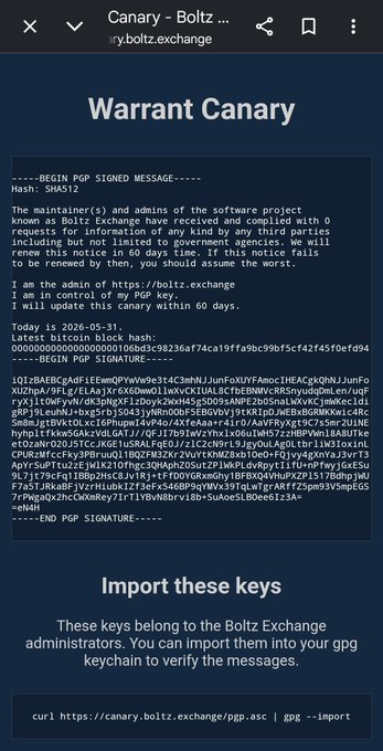 A screenshot of a "Warrant Canary" page from canary.boltz.exchange, displaying a dated PGP-signed statement dated 2026-05-31 (SHA512 hash: SMAS12) from the admin(s) of Boltz Exchange, declaring they have received 0 requests for information from third parties including government agencies. The post's caption connects this to the "Coldcard news," suggesting the canary is a related or significant development warranting attention beyond Coldcard.