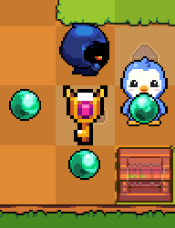A pixel art game screenshot showing a blue penguin character and a dark hooded figure on a grid, with green orbs and a treasure chest visible.