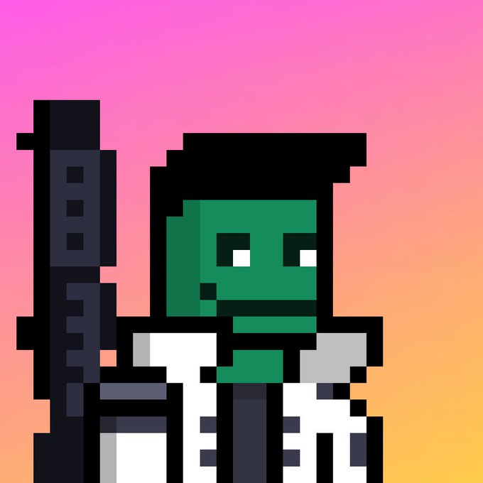 Pixel art character with a green zombie-like face, black hair, and a white lab coat, holding a dark weapon against a pink and orange sunset background.