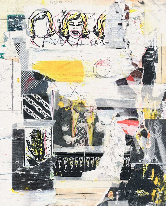 A mixed-media collage artwork featuring pop art elements including Marilyn Monroe-style portraits, abstract paint splashes in yellow and white, and various torn paper textures.