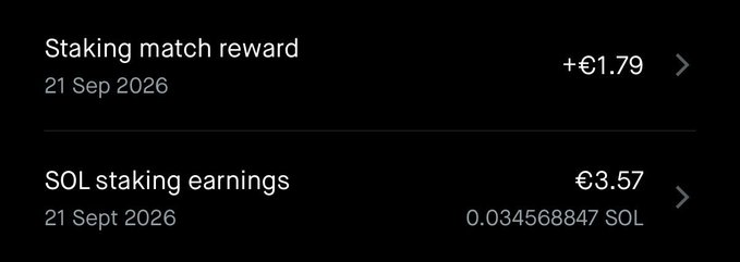 A dark-themed mobile app screen showing crypto earnings: "Staking match reward +€1.79" and "SOL staking earnings €3.57 (0.034568847 SOL)" dated 21 Sept 2026.