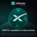The image features the "xStocks" logo alongside a SpaceX-like "X" symbol, with the text "$SPCXx available to trade onchain." This visually represents the tokenized SpaceX stock, $SPCXx, as mentioned in the accompanying post.