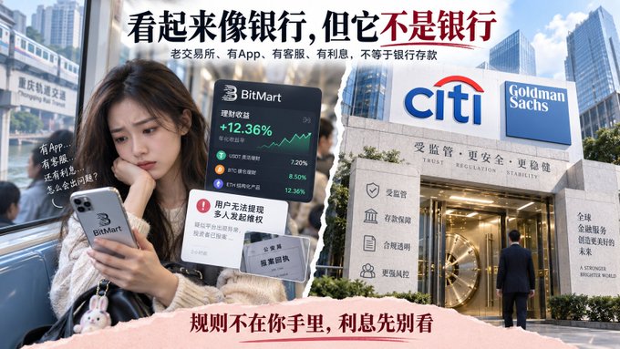 The image is a Chinese-language promotional graphic contrasting BitMart, an unregulated cryptocurrency exchange, with traditional financial institutions like Citibank and Goldman Sachs. 

**Left side:** A young woman sits on a subway train looking concerned while holding a smartphone displaying the BitMart app. The header reads "看起来像银行，但它不是银行" ("It looks like a bank, but it's not a bank"), with a subheading noting "老交易所有App、有客服、有利息，不等于银行存款" ("Old exchanges have apps, customer service, and interest, but that doesn't equal bank deposits"). A BitMart interface shows a "理财收益" (financial earnings) of +12.36%, along with warnings "用户无法提现" (users cannot withdraw) and "多人发起维权" (multiple people initiating rights protection). A small text bubble asks "有App、有客服、有利息，怎么也会出问题？" ("How can there be problems with an app, customer service, and interest?").

**Right side:** Images of