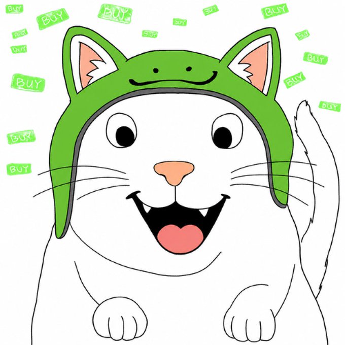 An illustration of a white cat wearing a green frog hat surrounded by floating green "BUY" stickers.
