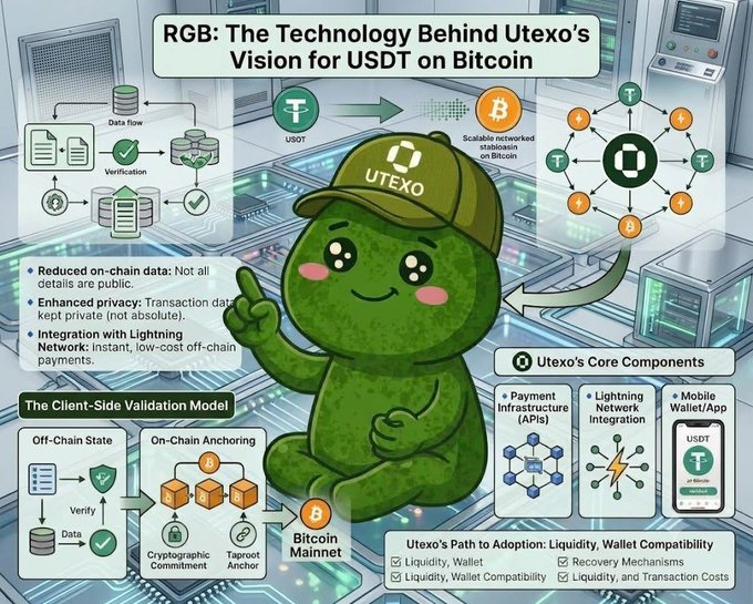 An infographic titled "RGB: The Technology Behind Utexo's Vision for USDT on Bitcoin," featuring a green mascot character wearing a Utexo cap, explaining the Client-Side Validation Model with diagrams of Off-Chain State and On-Chain Anchoring to Bitcoin Mainnet.