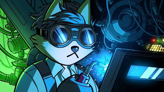 Colorful digital illustration of a dog-like character wearing large glowing goggles and a backpack, working on a mechanical device in a blue-lit, high-tech setting.