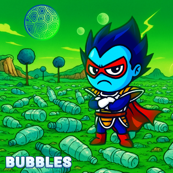 A cartoon illustration of a blue-skinned superhero character labeled "BUBBLES" standing in a field littered with plastic bottles, with a green planet visible in the sky.
