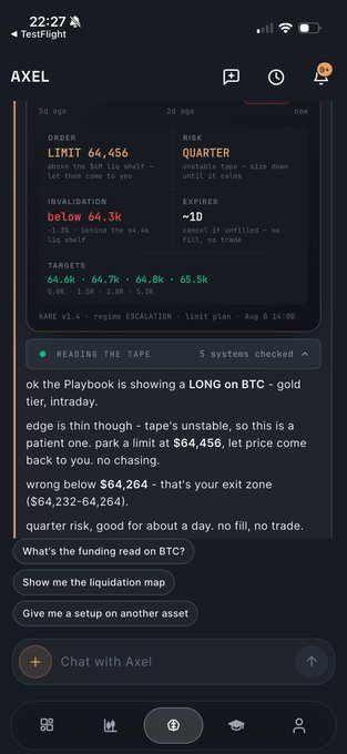 A screenshot of a TestFlight chat interface with an AI trading assistant named 'AXEL' providing analysis on BTC (Bitcoin), suggesting a limit order at $64,456 with no fill or trade.