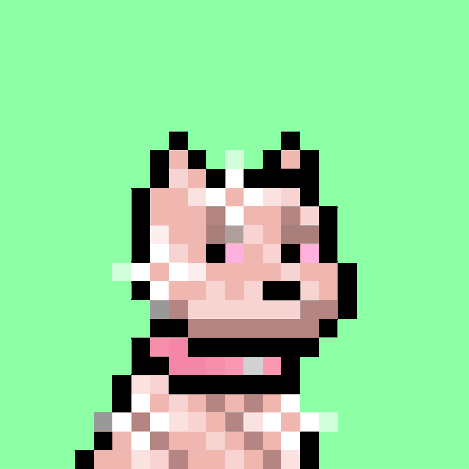 A pixel art style image featuring a figure with pinkish skin tones against a bright green background, appearing to depict a character or creature in a retro gaming aesthetic.