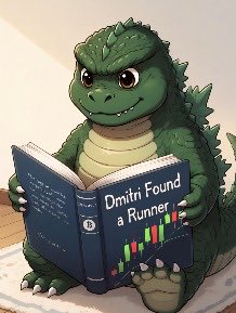 An illustration of a cute green Godzilla-like creature sitting and reading a book titled 'Dmitri Found a Runner' with a bar chart on the cover.