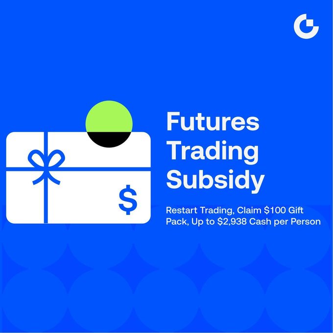 A Gate.io promotional graphic with a bright blue background featuring a white gift box icon marked with a dollar sign and a green ribbon, promoting the "Futures Trading Subsidy" campaign offering a $100 Gift Pack and up to $2,938 Cash per Person for restarting trading activity. The Gate.io logo appears in the top-right corner, complementing the post's details about first-order loss subsidies and airdrop rewards for existing users.