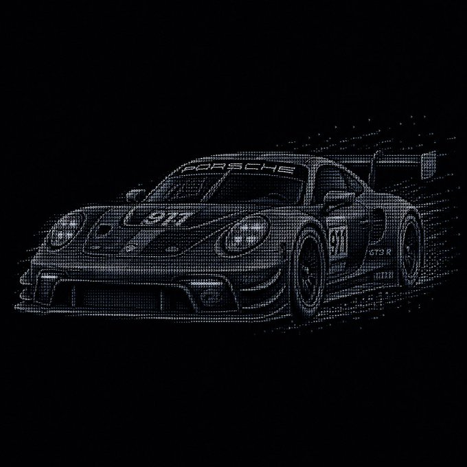 A white dot-matrix style illustration of a Porsche 911 GT3 R race car (number 911) on a black background, with the word 'PORSCHE' on the windshield banner and 'GT3 R' visible on the side.