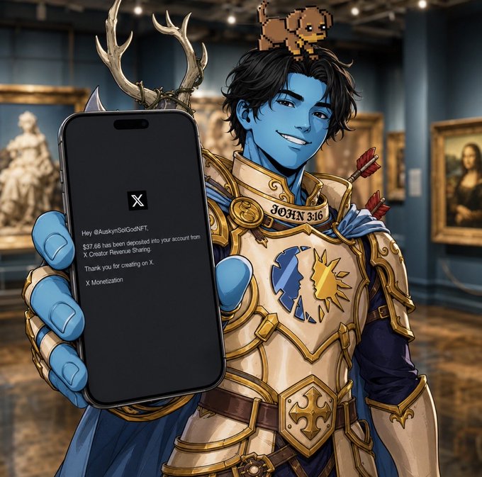 An anime-style blue-skinned character with dark hair, antlers, and ornate gold and blue armor holds up a smartphone displaying an X (Twitter) notification about a $37.68 Creator Revenue Sharing deposit to @AuskySoGoodNFT.