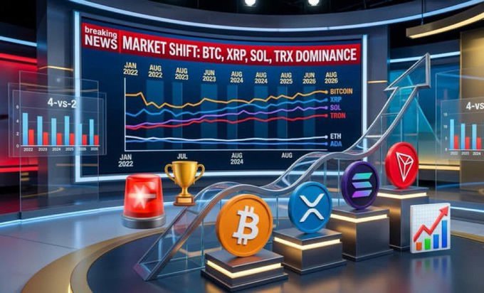 A news studio graphic with "BREAKING NEWS: MARKET SHIFT: BTC, XRP, SOL, TRX DOMINANCE" displayed above charts and pedestals featuring Bitcoin, XRP, Solana, and Tron logos with an upward arrow.