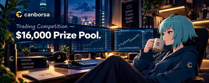 A blue-haired anime character relaxes with a coffee mug in a dimly lit trading setup featuring dual monitors displaying candlestick charts, alongside a "canborsa" logo, a poster reading "Better Trades, Bigger Goals," and bold promotional text announcing a "Trading Competition — $16,000 Prize Pool." The cozy, focused atmosphere complements the post's announcement of the Canborsa Trading Arena, visually emphasizing the disciplined yet inviting nature of the perpetuals trading competition.