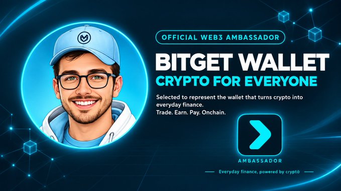 An advertisement banner for 'BITGET WALLET' declaring it 'OFFICIAL WEB3 AMBASSADOR' and 'CRYPTO FOR EVERYONE', featuring an illustrated man in a blue cap and an ambassador badge.