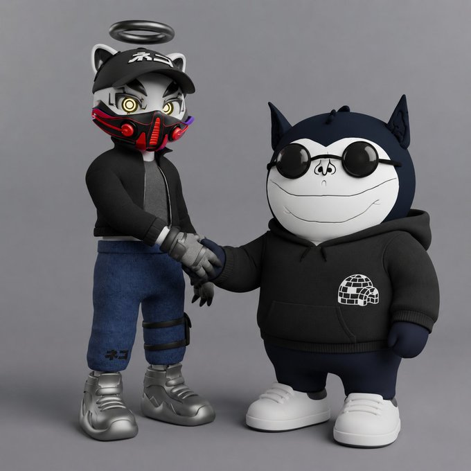 Two cartoonish 3D-rendered characters—a masked, haloed raccoon-like figure in a black jacket and silver sneakers shaking hands with a round, bespectacled dog-like character in a black hoodie—symbolize a partnership or endorsement in the crypto space, visually representing the "degen on" enthusiasm and trust expressed in the caption toward an experienced, long-time community figure.