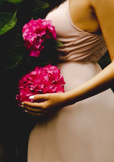 A close-up photograph of a pregnant woman wearing a flowing blush-pink dress, holding vibrant pink hydrangeas against her belly in a lush, dimly lit garden setting.