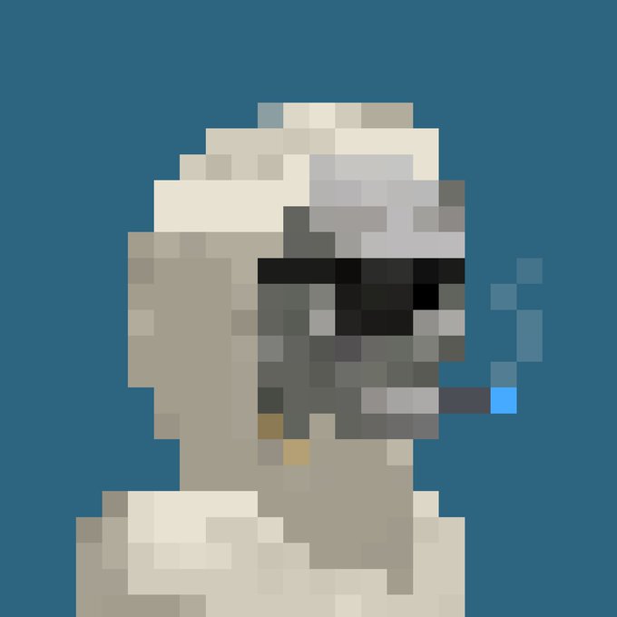 A low-resolution pixel art image shows a figure with white hair or head covering against a solid blue background, with dark blocks obscuring the face.
